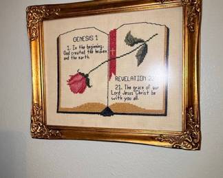 Religious Cross-Stitch Sampler: Genesis 1:1 & Revelation 22:21 with Rose