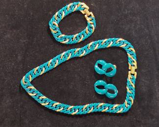 Napier Turquoise Enamel and Gold-Tone Chain Necklace, Bracelet, and Earrings Set