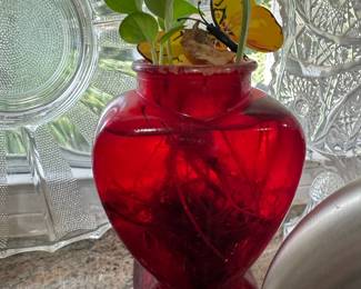Vintage Ruby Red Heart-Shaped Glass Vase - Pressed Glass