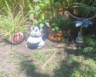 Cast Stone Pair of Rabbits Holding a Basket Garden Statue
