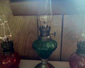Vintage Emerald Green Glass Oil Lamp, Made in Hong Kong