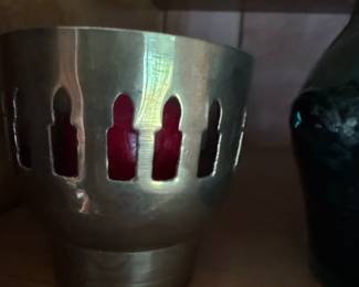Vintage Brass Votive Holder with Red Glass Insert and Arched Cutouts