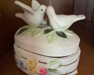 Bisque Porcelain Doves and Flowers Trinket Box