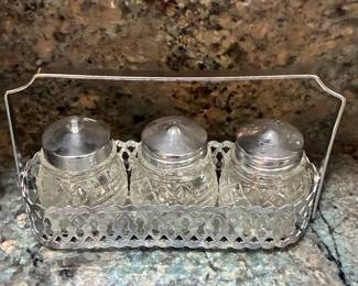Vintage Pressed Glass Condiment Set with Silver-Plated Caddy