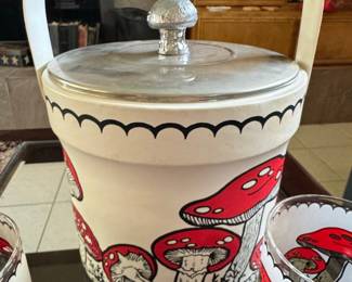 Vintage Merry Mushroom Ware Ice Bucket and Glasses Set