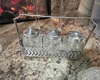 Vintage Crystal and Silver-Plate Condiment Caddy Set