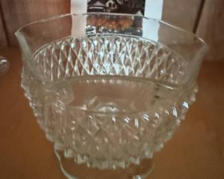 Vintage Indiana Glass Diamond Point Crystal Serving Bowl and Twisted Stem Champagne Flutes