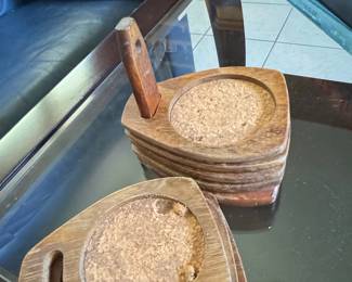 Vintage Mid Century Teak Wood Coaster Set with Holder
