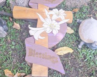 Easter Blessings Wooden Yard Cross with Lilies