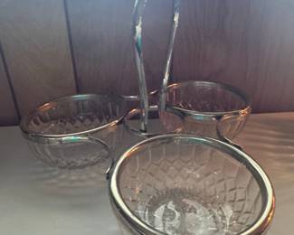 Vintage Pressed Glass Three-Bowl Condiment Server with Silver-Plated Handle