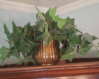 Vintage Fluted Brass Planter with Artificial Ivy
