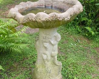 Vintage Cast Concrete Birdbath with Squirrel Motif