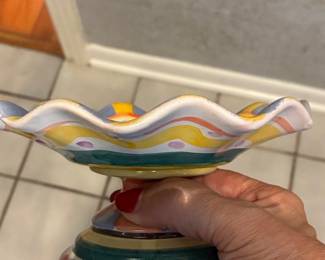 World Bazaars Inc. Hand Painted Ruffled Pedestal Bowl