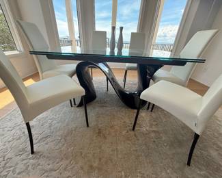 Tonin Casa Wave Extending Glass Table with 6 Leather Bontempi Chairs