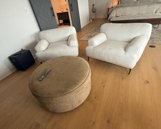 Round storage ottoman and Pair of lounging chairs by Article