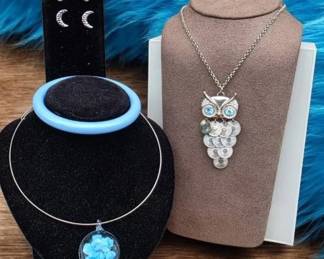 Vintage Articulated Owl Pendant Necklace Blue Flower Glass Pendant Necklace , Bracelet Earrings