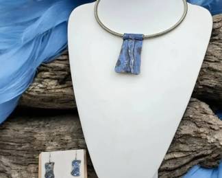 Blue Stone Statement Necklace Matching Dangle Earrings Set Silver Tone