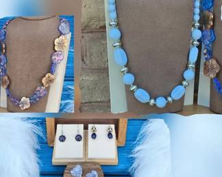 Vintage Jewelry Lot Blue Lucite Beaded Purple Iridescent Carved Flower Necklace More