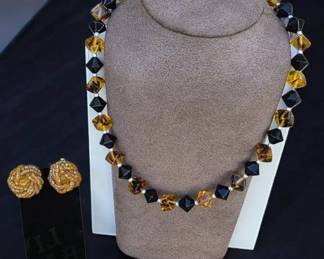 Vintage Japan Black Amber Beaded Necklace Matching Gold Tone Earrings Statement Jewelry