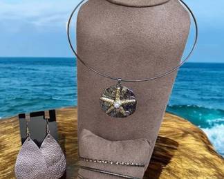 Coastal Starfish Necklace Leather Teardrop Earrings Jewelry Set