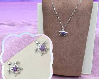 Purple Sea Turtle Necklace Earrings