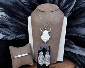 Gothic Bull Skull Necklace Ornate Silver Earrings Western Statement Jewelry