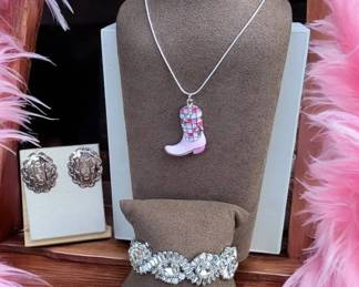Pink Cowboy Boot Necklace, Rhinestone Bracelet Earrings Western Cowgirl