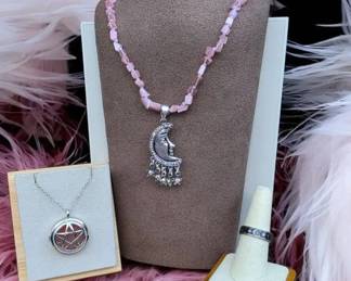 Pink Moon Goddess Necklace with Crescent Moon, Celestial Ring Goddess Necklace