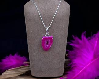 Pink Botswana Druzy Slice Necklace
