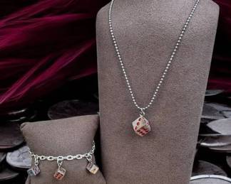 Dice Gambling Jewelry Set Silver Tone Red Rhinestone Dice Necklace Bracelet