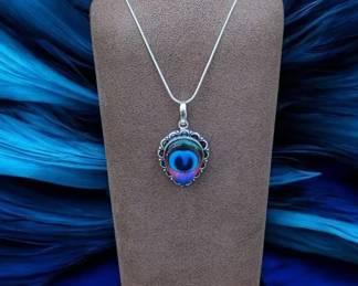 Rainbow Peacock Feather Doublet Necklace