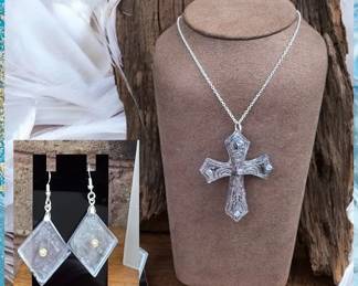 Vintage Inspired Silver Tone Cross Necklace Matching Geometric Earrings