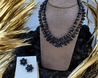 Vintage Hong Kong Black Beaded Necklace Matching Earrings Faceted Beads Statement Jewelry