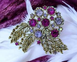 Vintage Gold Tone Floral Brooch Purple Fuchsia Rhinestone Leaf Statement Pin