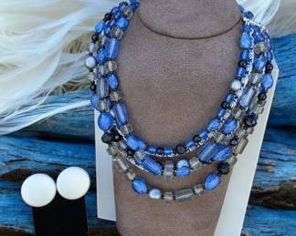 Vintage Japan 4 Strand Blue Beaded Necklace Button Earrings