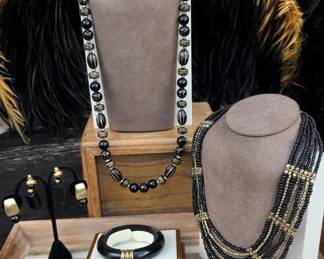 06 Vintage Black Gold Statement Jewelry Set Necklaces, Bracelet Earrings