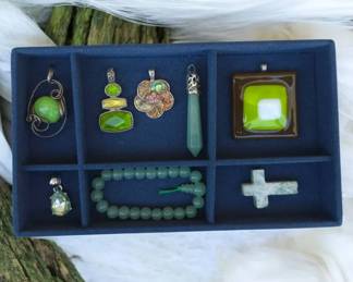 Vintage Green Jewelry Lot Pendant Necklace Bracelet Brooch Cross Cabochon Artisan Jewelry