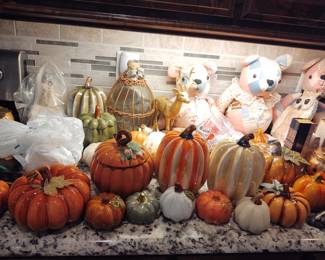 Glass and ceramic pumpkins/hand made quilt bears