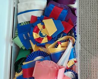 Box full of award ribbons