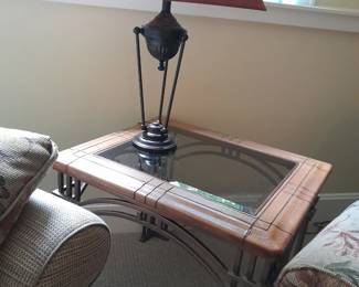 End table matches a coffee table, lamp