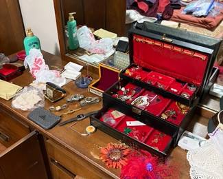 Jewelry, dresser with mirror.