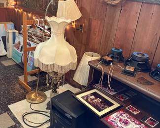 antique lamps, heater, speakers and decor