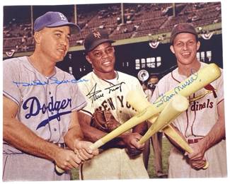 Mays Musial Snider Triple Signed Photo COA