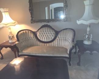 Victorian wood and upholstered sofa with matching sofa end tables and ,sofa table.