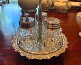Vintage Pressed Glass Condiment Set with Silverplate Caddy/