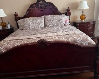 Traditional Craved Mahogany King Bed with Matching Night Stands.