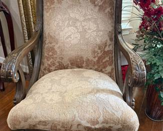 Highback craved wood and upholstered Chairs.
