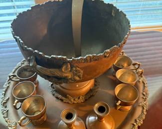 Antique Brass Punch Bowl set with tray, cups and Ladle & 2 candle sticks.