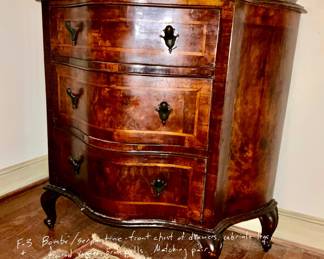 Antique serpentine front or bow front chest of drawers, featuring highly figured burl wood veneer with distinctive inlaid cross banding and cabriole legs.