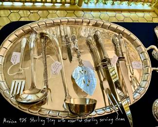 Mexican 925 Sterling Tray with assorted sterling serving items